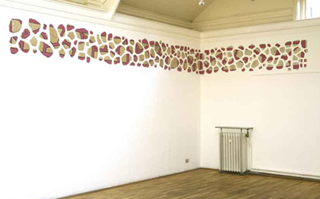 'Castles in the Air' exhibition at Tricycle Gallery 1995 showing wall installation titled 'Frieze'